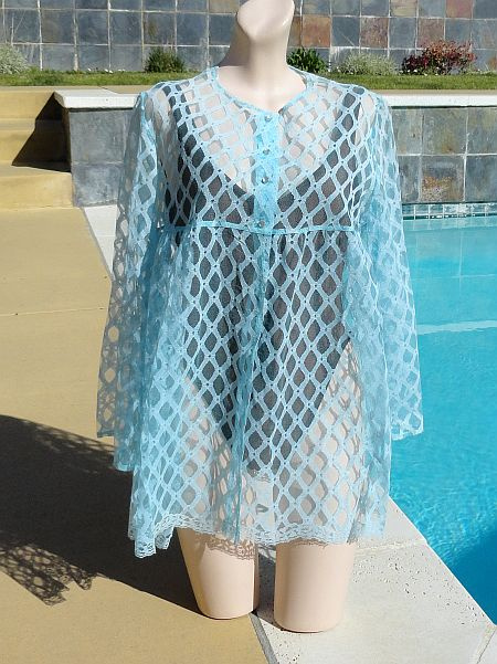 SOLD - Vintage 1960s Catalina Light Blue Lace Baby Doll Cover Up size L